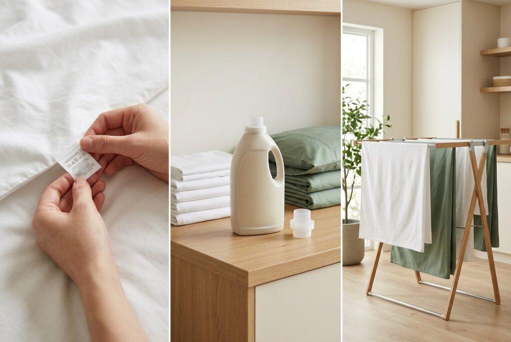 Checking a bedding care label, detergent beside folded linens, and sheets drying on a rack.
