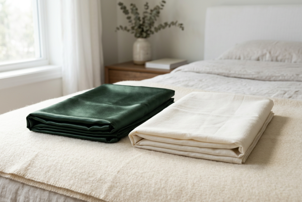 Folded forest-green glossy bedding beside ivory matte bedding on a cream bed.